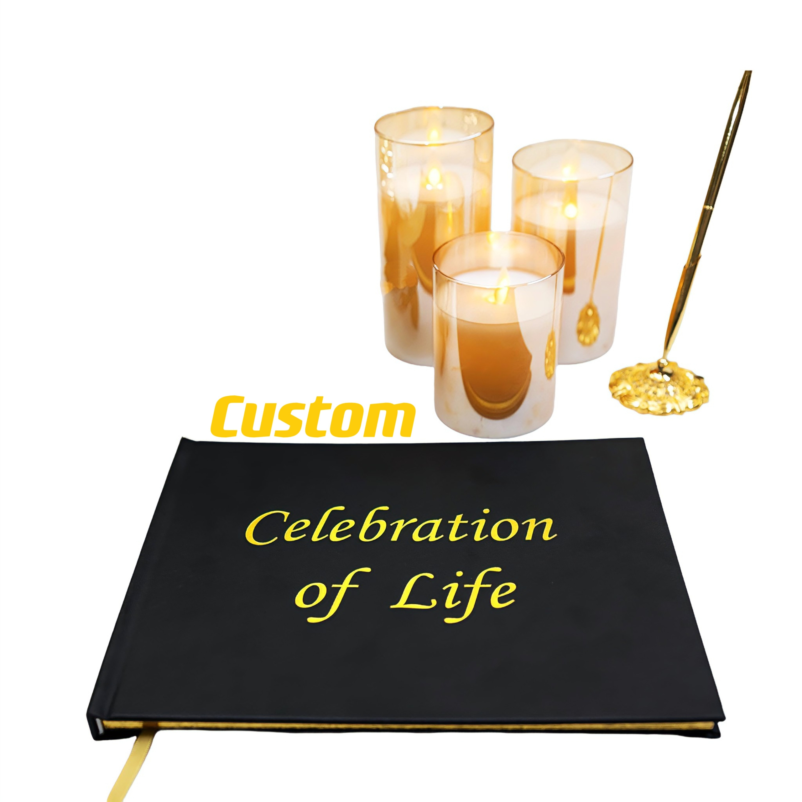 Keepsake Leather Bound Custom Delicate Gold Embossing Funeral Guest Book for Celebration of Life