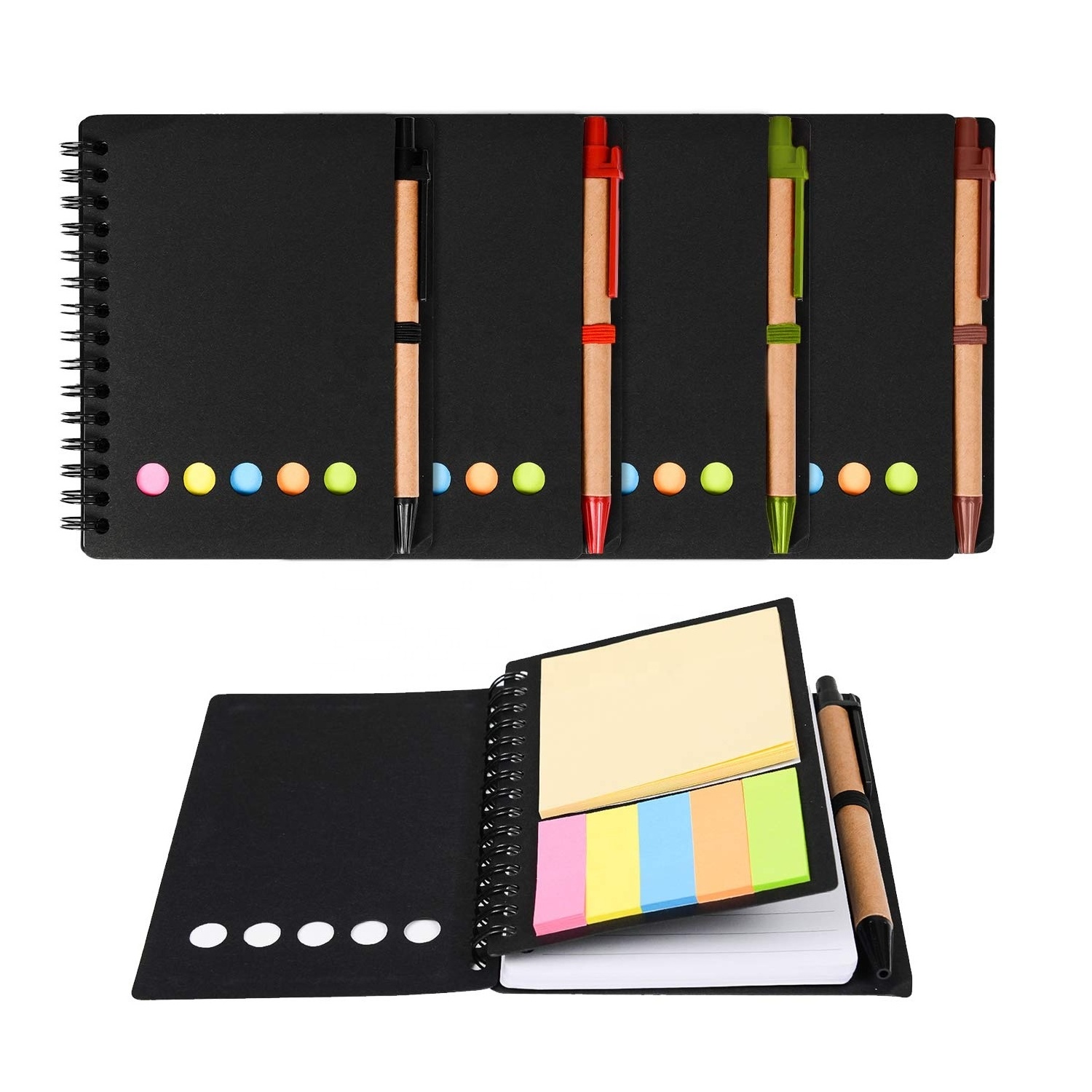 Custom Kraft Paper Steno Pocket Business Notebook Spiral Lined Notepad Set with Pen in Holder Sticky Colored Notes Page Maker