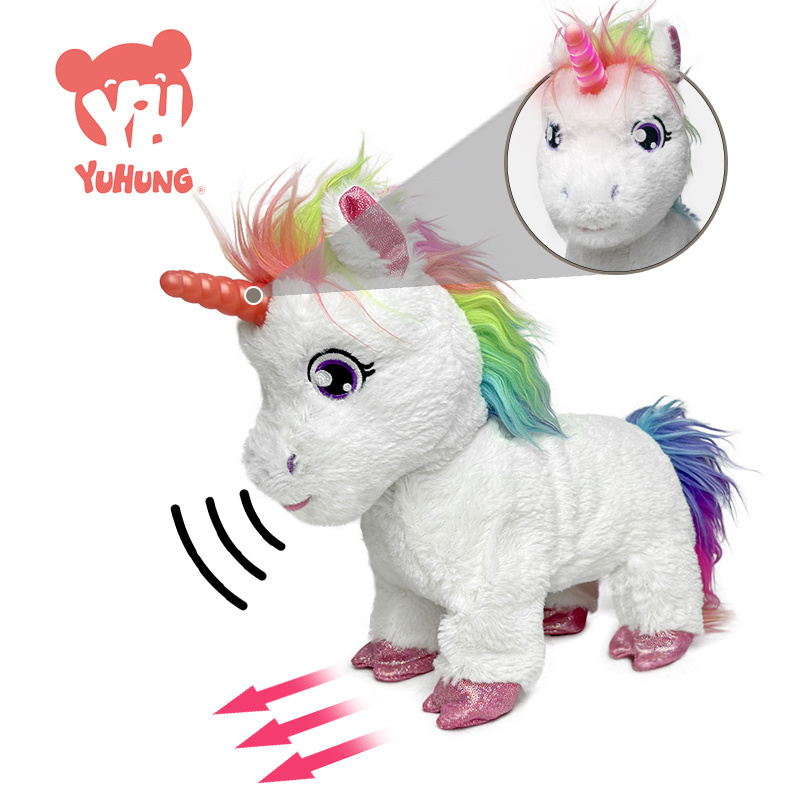 Best selling plush animal glowing unicorn rainbow filled toys electric children's education plush toy