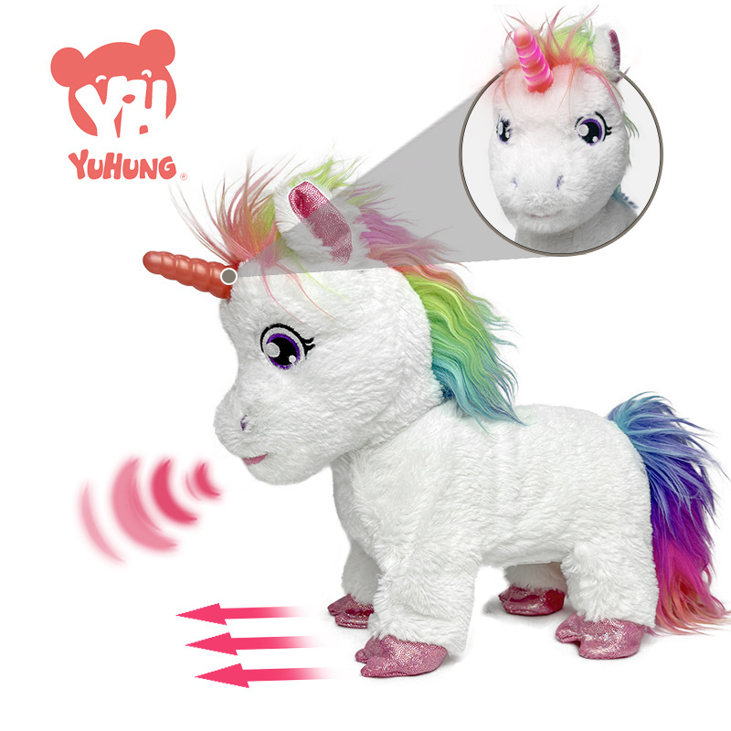 Best selling plush animal glowing unicorn rainbow filled toys electric children's education plush toy