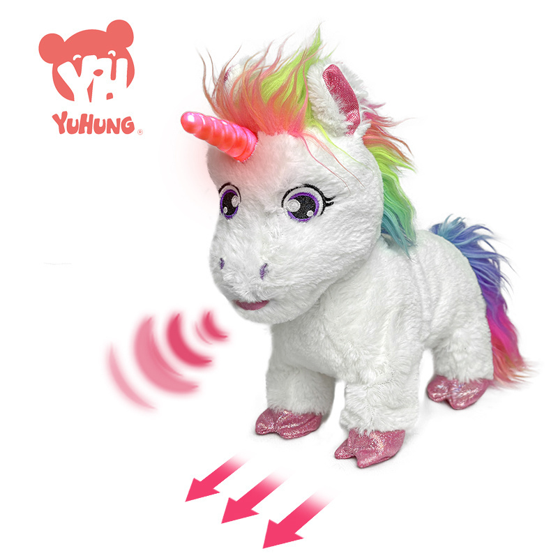 Best selling plush animal glowing unicorn rainbow filled toys electric children's education plush toy