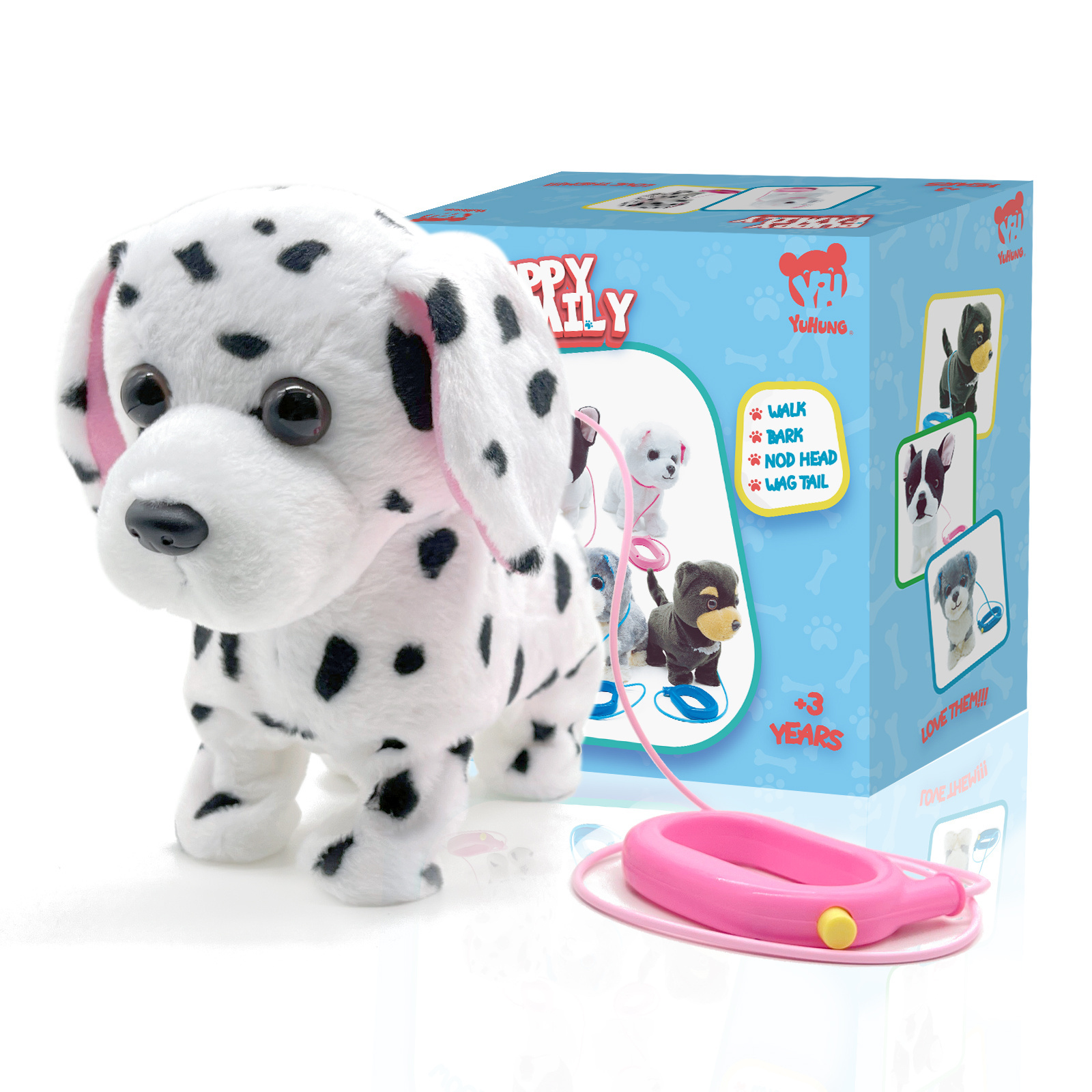 Kawaii Plush Toys Cartoon Anime Stuffed Animal Kids Cute Dalmatian on a leash Interactive Electric Plush Toy