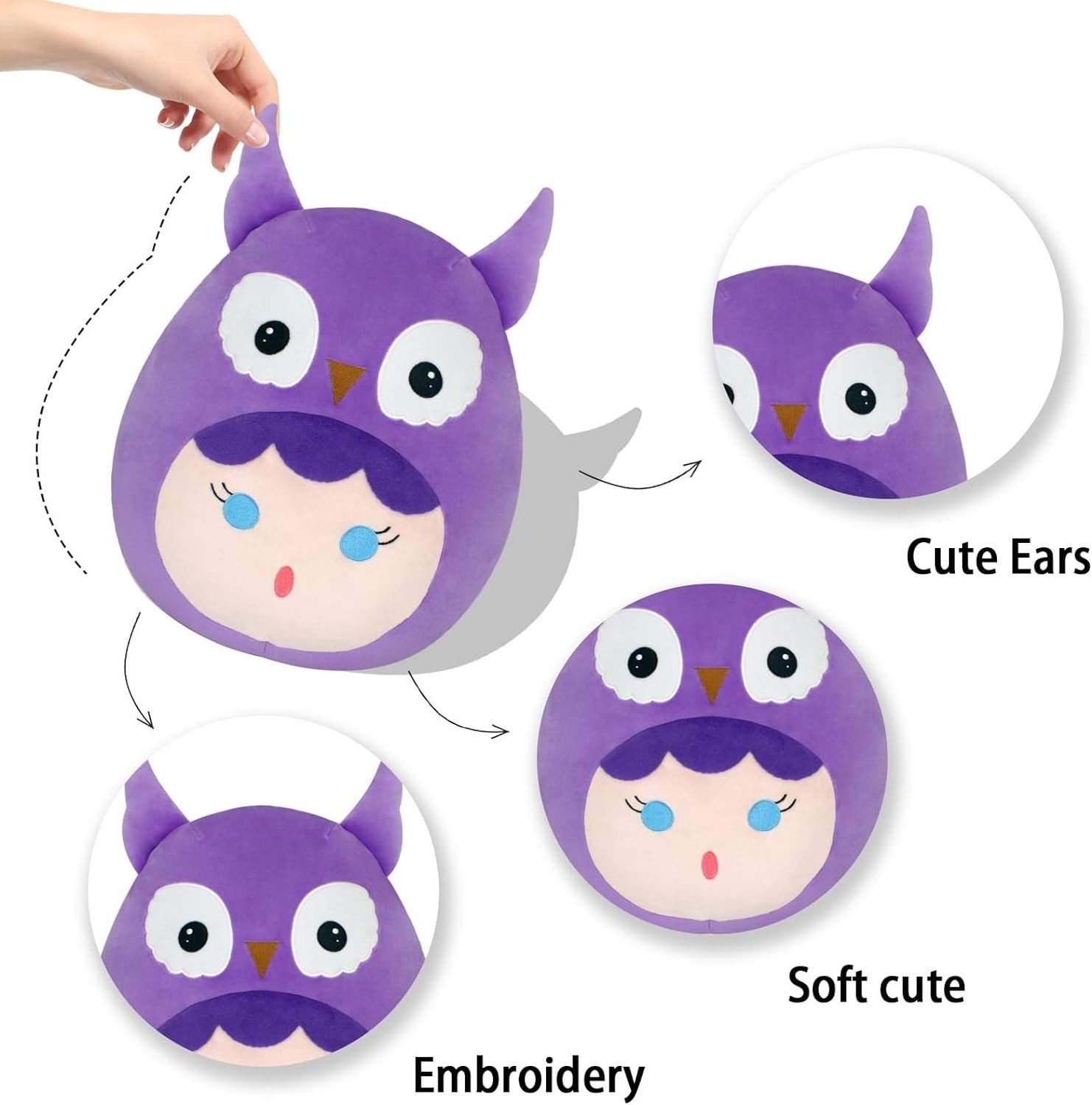 Unisex Purple Owl Kawaii Plush Stuffed Animal Soft Hugging Pillow Decoration and Gift for Girls and Boys PP Cotton Filling