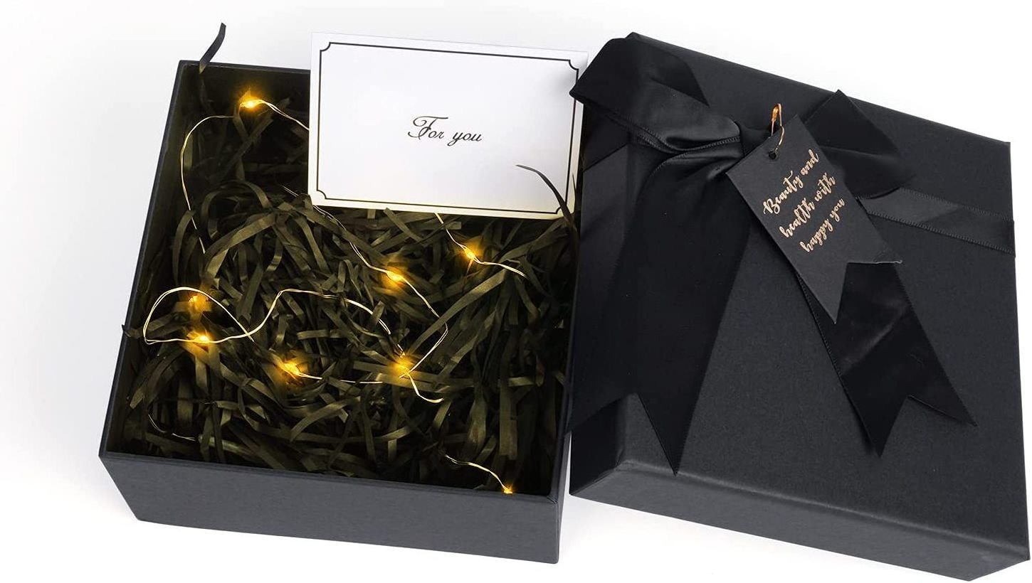 6 * 6 * 2.7 in Large Black Gift Box with Lid and LED string lights greeting card Shredded Paper Fill for Christmas