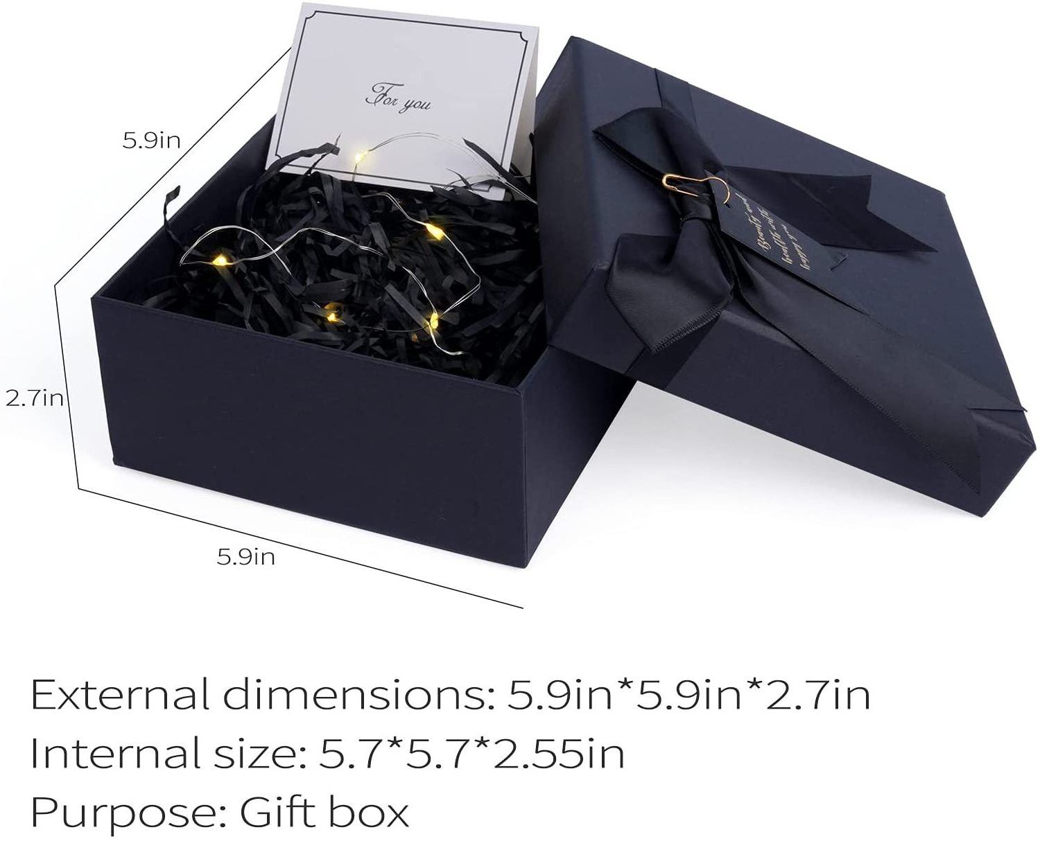 6 * 6 * 2.7 in Large Black Gift Box with Lid and LED string lights greeting card Shredded Paper Fill for Christmas