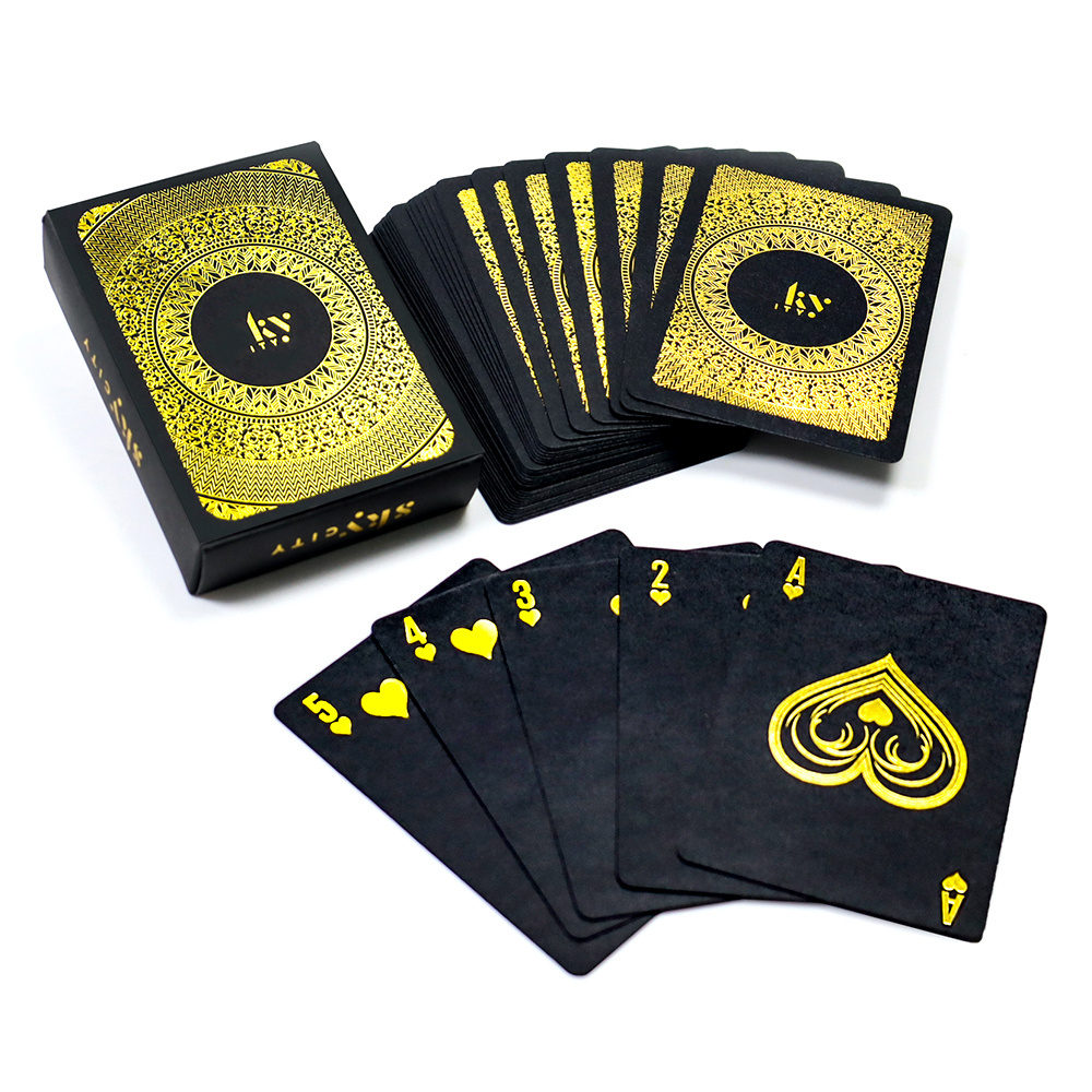 Custom design print front and back gold foil poker deck factory printed cool black paper gold foil stamping logo playing cards