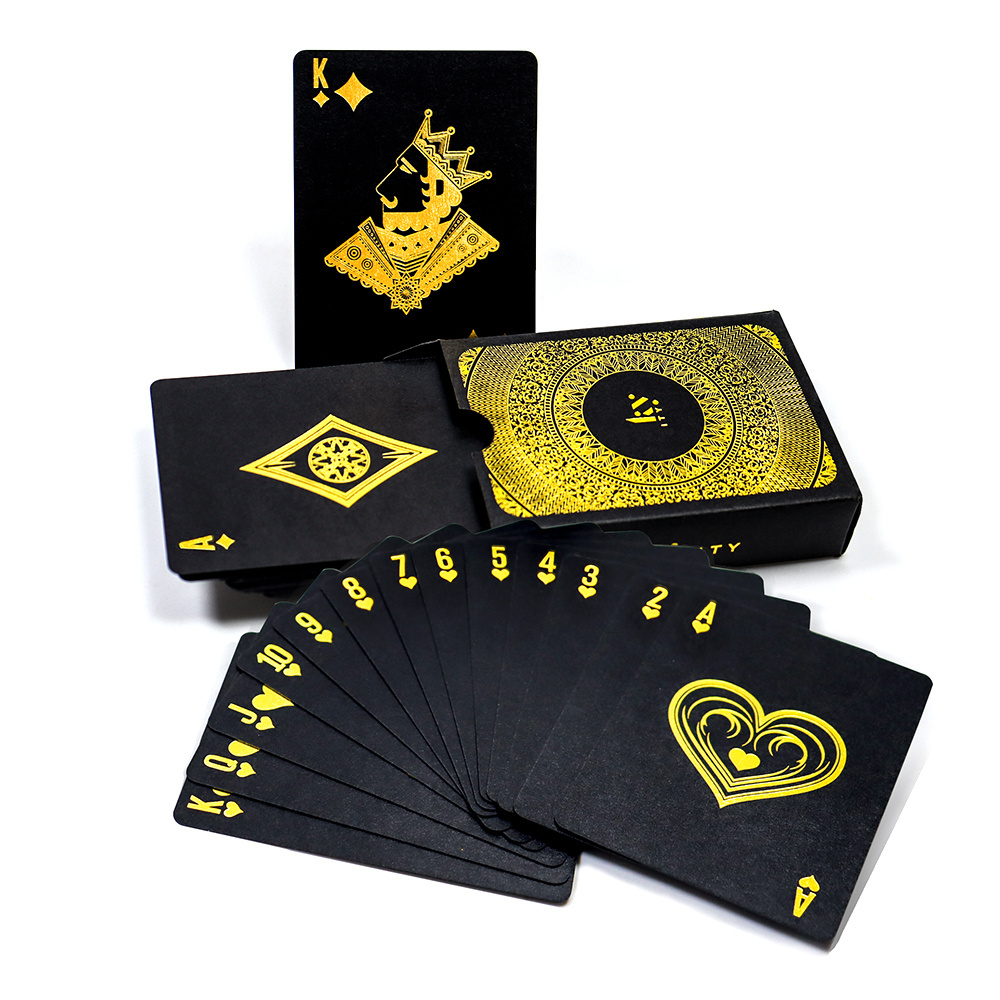 Custom design print front and back gold foil poker deck factory printed cool black paper gold foil stamping logo playing cards