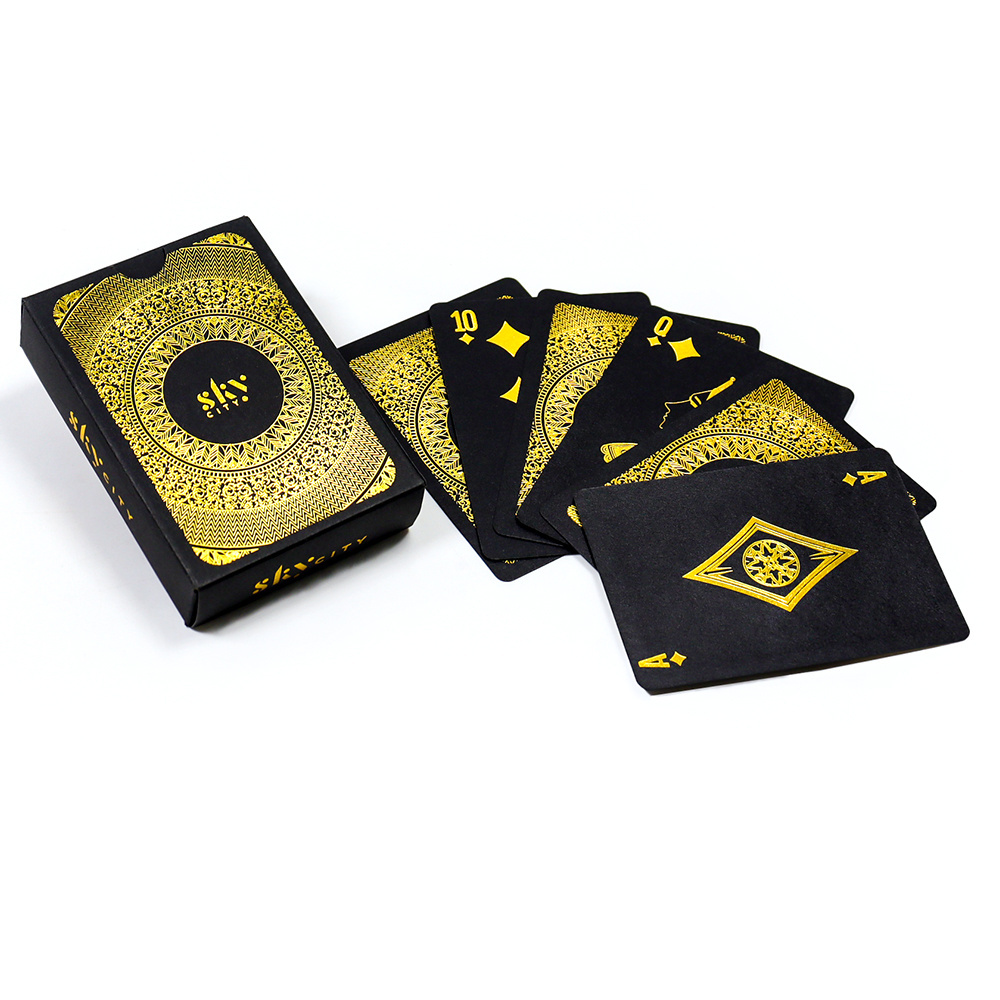 Custom design print front and back gold foil poker deck factory printed cool black paper gold foil stamping logo playing cards