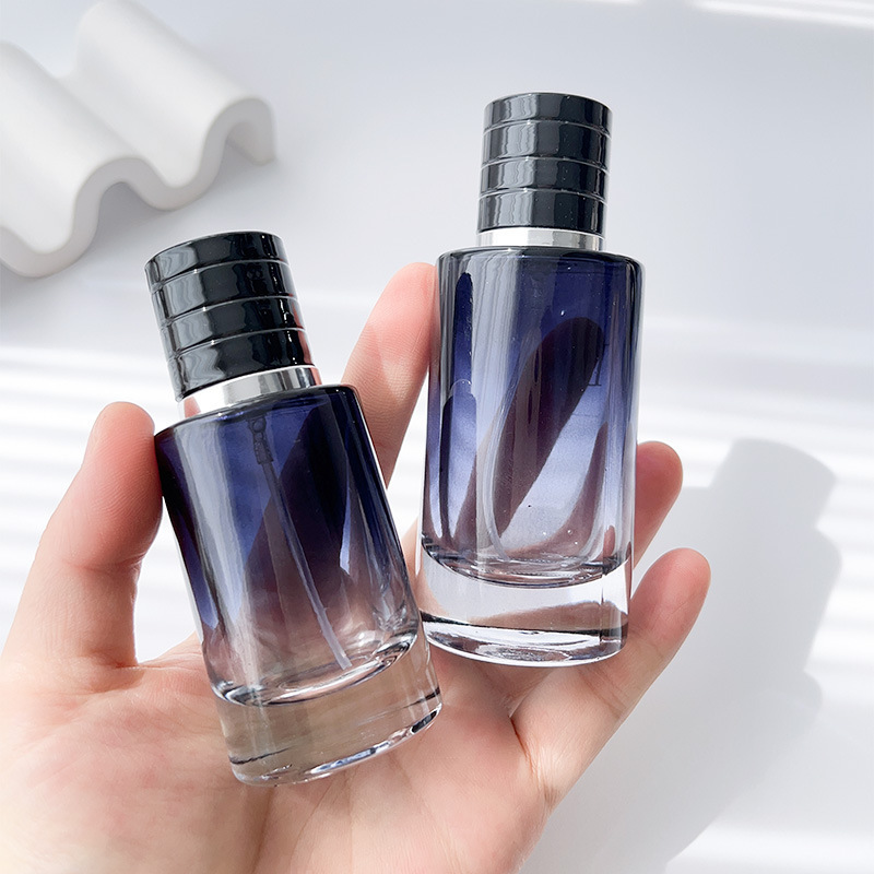 Clear Dark Blue Gradient Cylindrical Sprayer And Black Lids Empty Glass Bottle Transparent 50ml Perfume Bottle