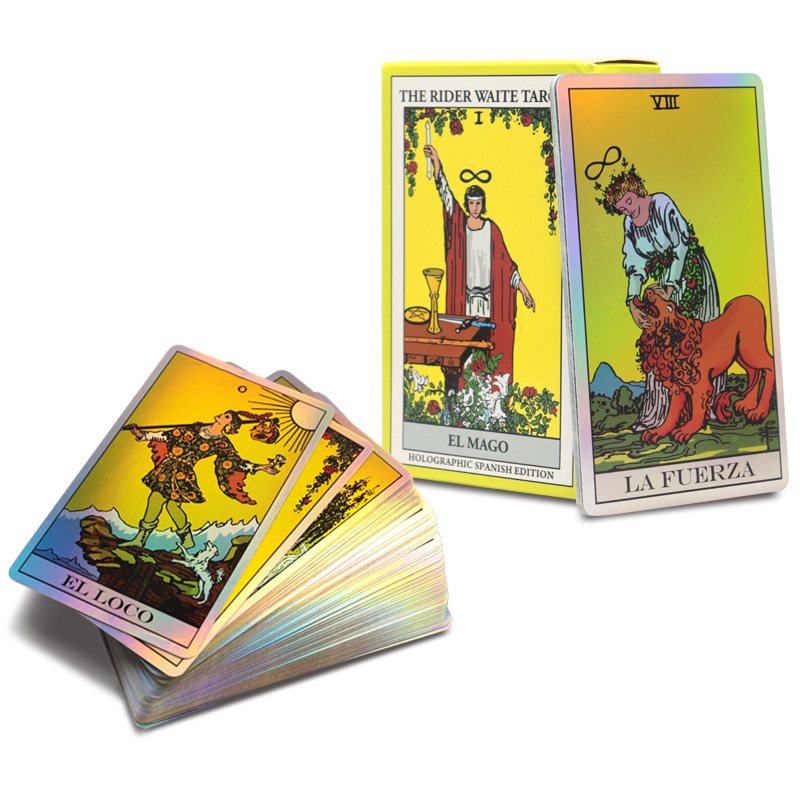 Lady mystery divination game Holographic luxury tarot decks custom printed color tarot cards in Spanish