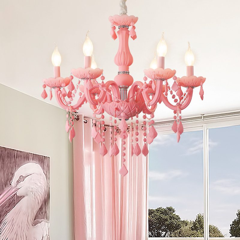 Contemporary pink crystal chandelier macaron sweet girl princess room ceiling lamp fashion home living room decoration lighting