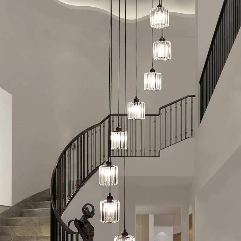 Light luxury post-modern villa duplex spiral staircase lamp window front porch simple Nordic crystal ceiling long chandelier