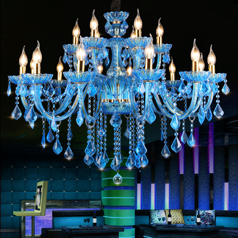 Blue glass arms banquet hall candle crystal chandelier modern ballroom ceiling lamp decorative bedroom pendant lighting