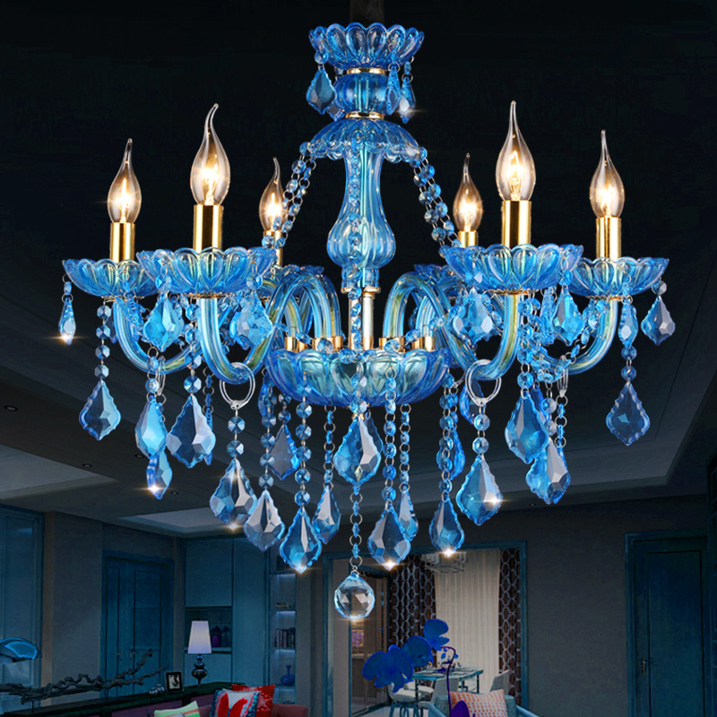 Blue glass arms banquet hall candle crystal chandelier modern ballroom ceiling lamp decorative bedroom pendant lighting