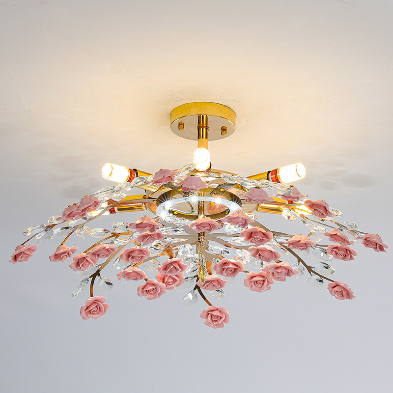 Modern pastoral style living room chandelier creative pink flowers led lights retro country dining room bedroom decorative light