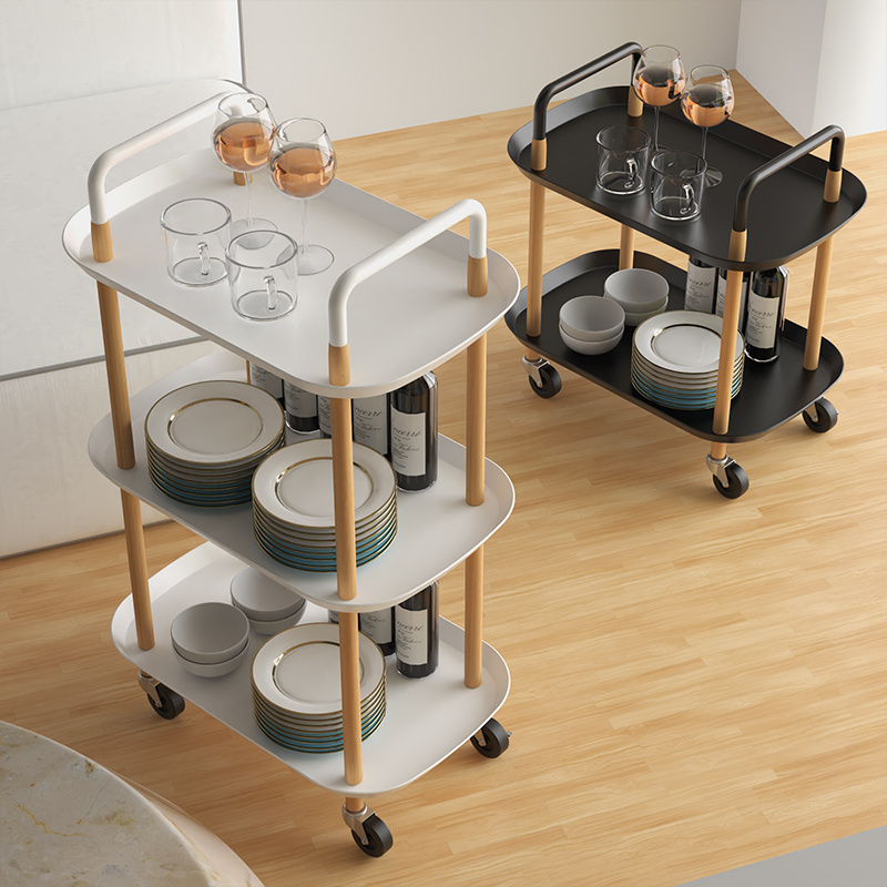 New Design Wooden Frame Rolling Rack Shelf Storage Kitchen Office Organizer 2 Tier Utility Rolling Cart For Living Room