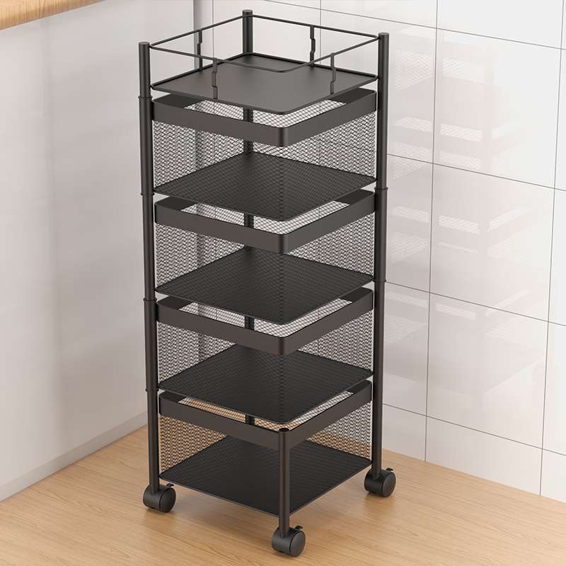 4 Tier Rotating Storage Baskets Rack Stackable Metal Basket Kitchen Storage Shelf Cube Fruit Vegetable Organizer With Wheels