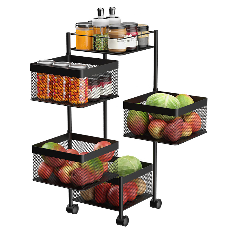 4 Tier Rotating Storage Baskets Rack Stackable Metal Basket Kitchen Storage Shelf Cube Fruit Vegetable Organizer With Wheels