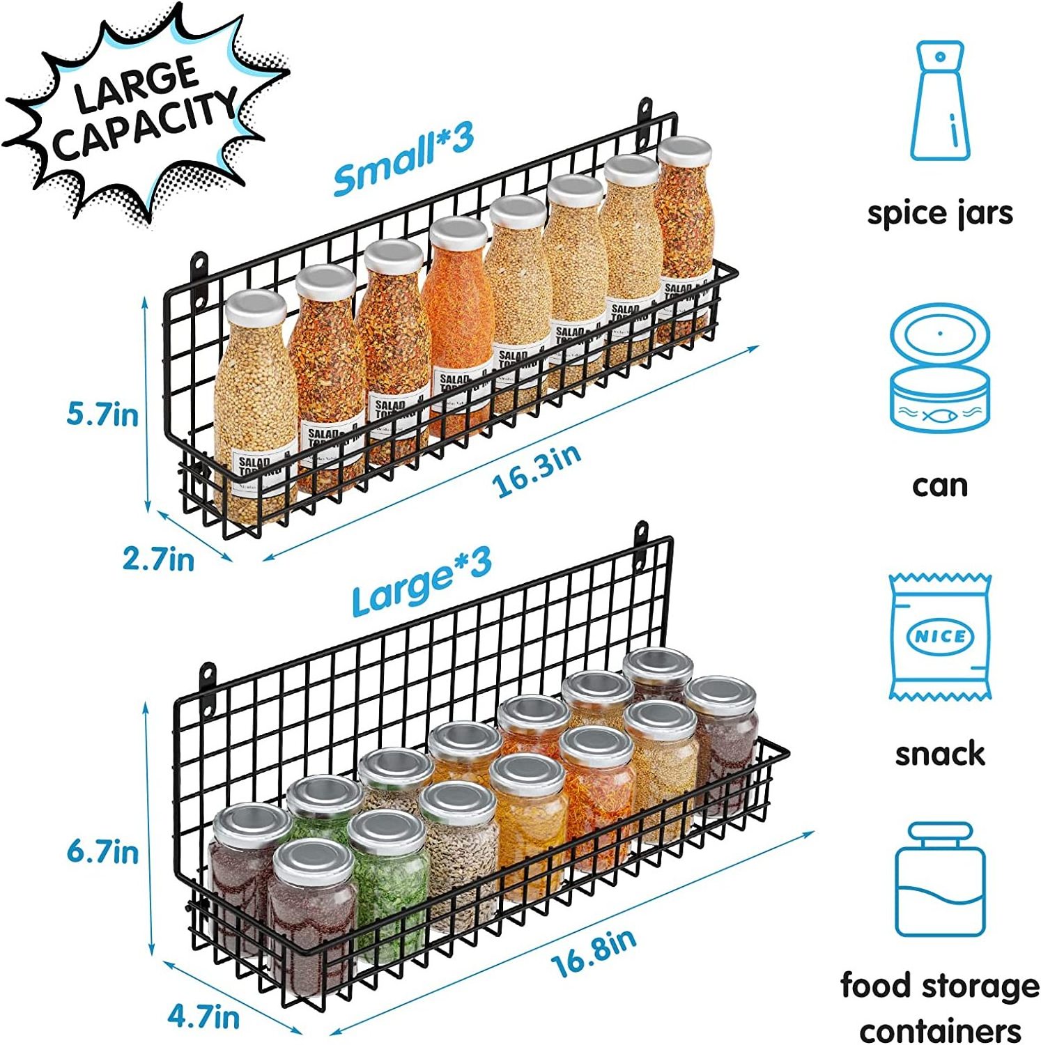 Metal Shelf Seasoning Holder Rack Wall Mount Spice Rack 6 Tier Over The Door Hanging Pantry Organizer