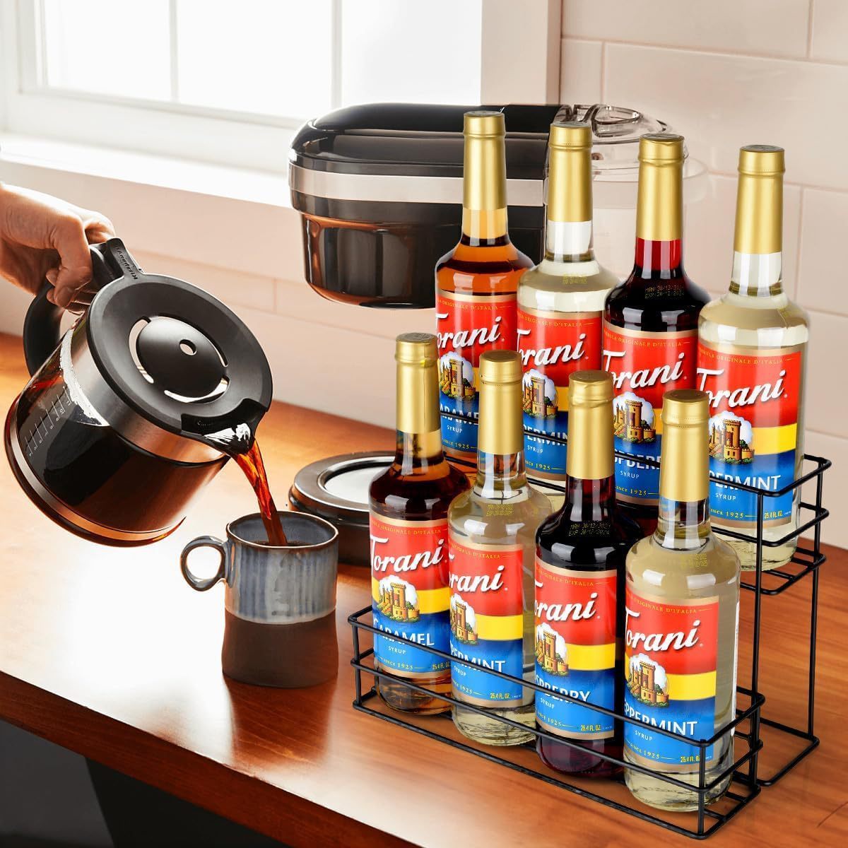 Coffee syrup rack for coffee bar, kitchen, wine rack syrup, wine and cruet shelf