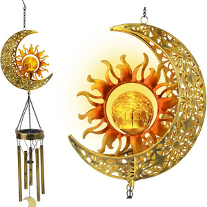 Sun Moon Hanging Outdoor Decor Crackle Glass Ball Warm LED Memorial Wind Chimes Light