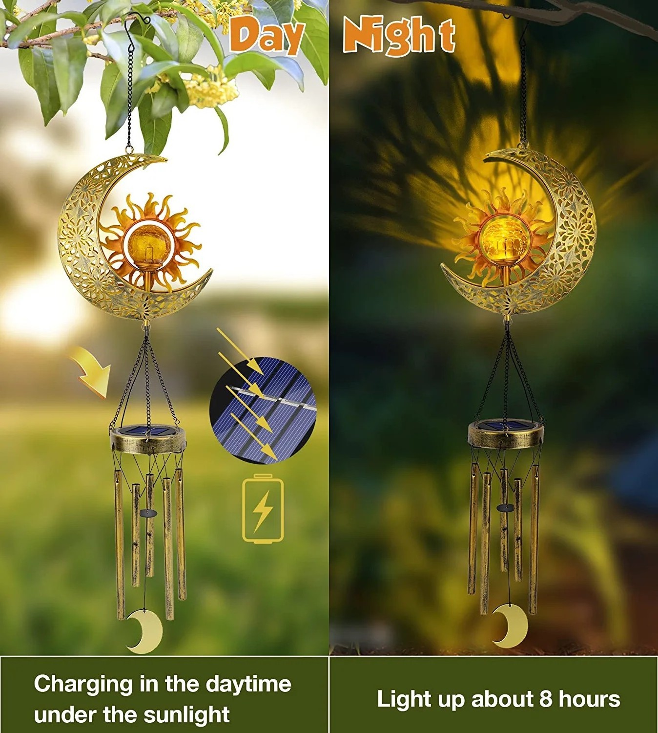 Sun Moon Hanging Outdoor Decor Crackle Glass Ball Warm LED Memorial Wind Chimes Light