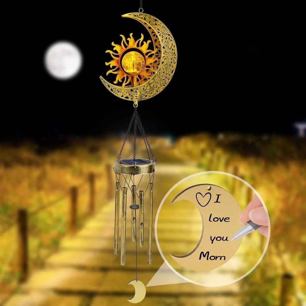 Sun Moon Hanging Outdoor Decor Crackle Glass Ball Warm LED Memorial Wind Chimes Light