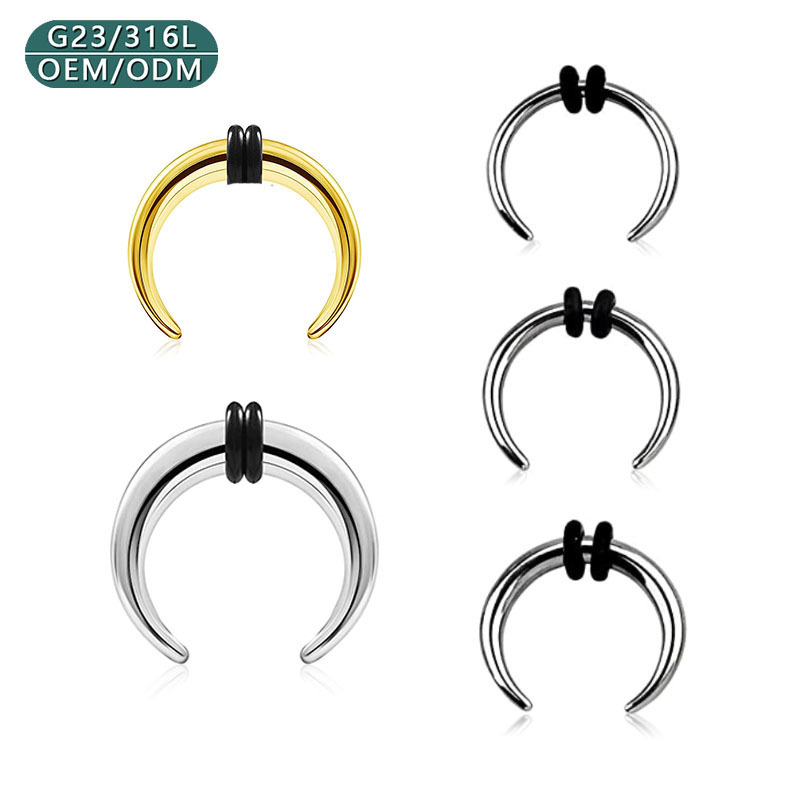 Wholesale C-shaped stainless steel buffalo horn bull cone-shaped cartilage tunnel expander stretcher auricle nose ring earrings