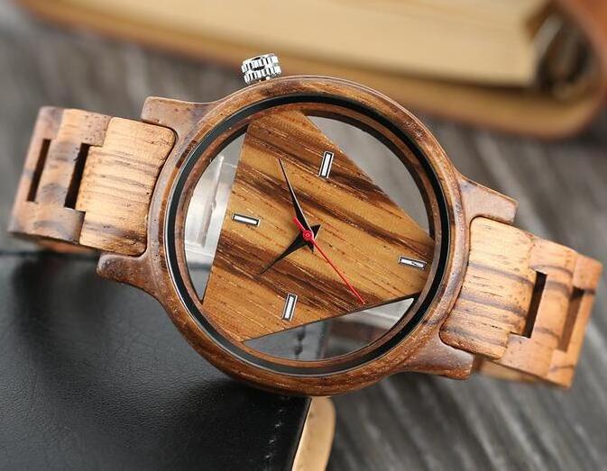 No Brand 42mm Full Wooden Watch Mans Hollow Triangle Dial Miyota 2035 Movement Watches Men Luxury