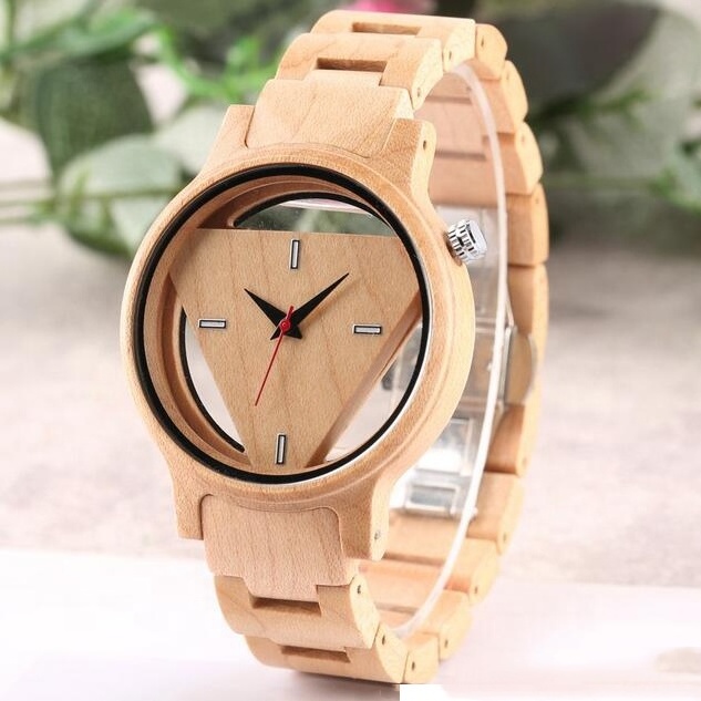 No Brand 42mm Full Wooden Watch Mans Hollow Triangle Dial Miyota 2035 Movement Watches Men Luxury