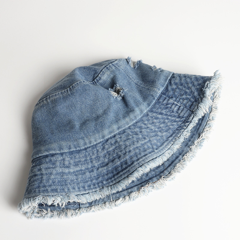 Distressed Vintage Wide Brim Jean Denim Fisherman Bucket Hats Frayed Ripped Vintage Fisherman Cap