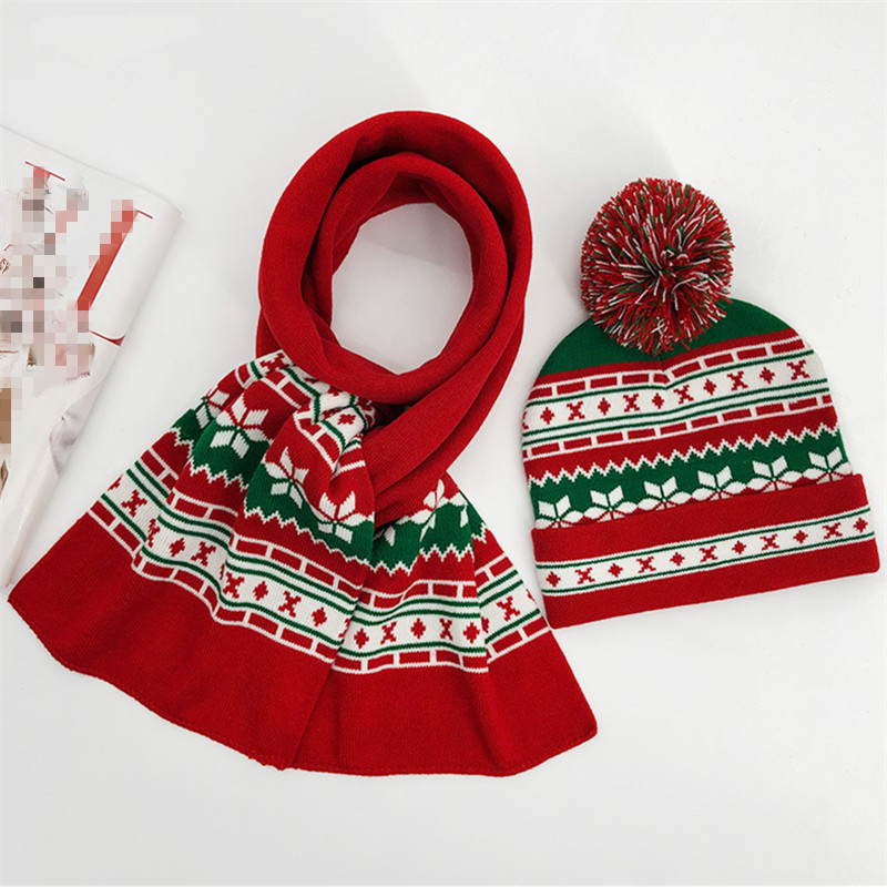 Cheap Christmas Jacquard Suit Hat Knitted Scarf Set PomPom Beanies For Women