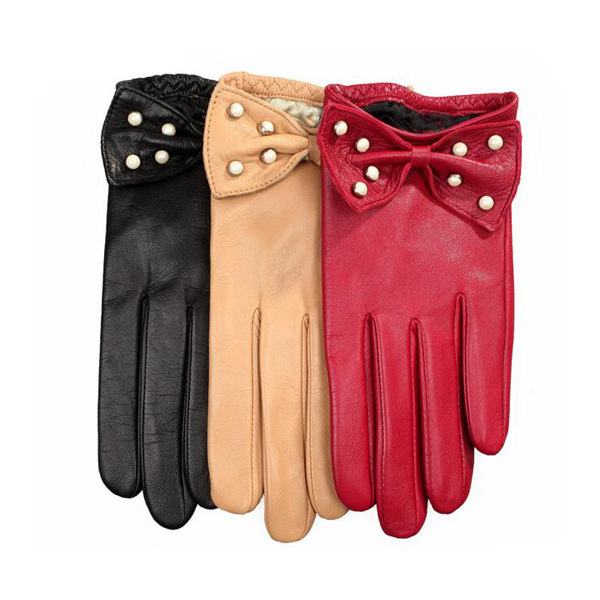 Women's Black Sheep Leather Gloves Polka Dot Print Bow Trimmed Ladies Leather Dress GLoves