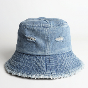 Distressed Vintage Wide Brim Jean Denim Fisherman Bucket Hats Frayed Ripped Vintage Fisherman Cap