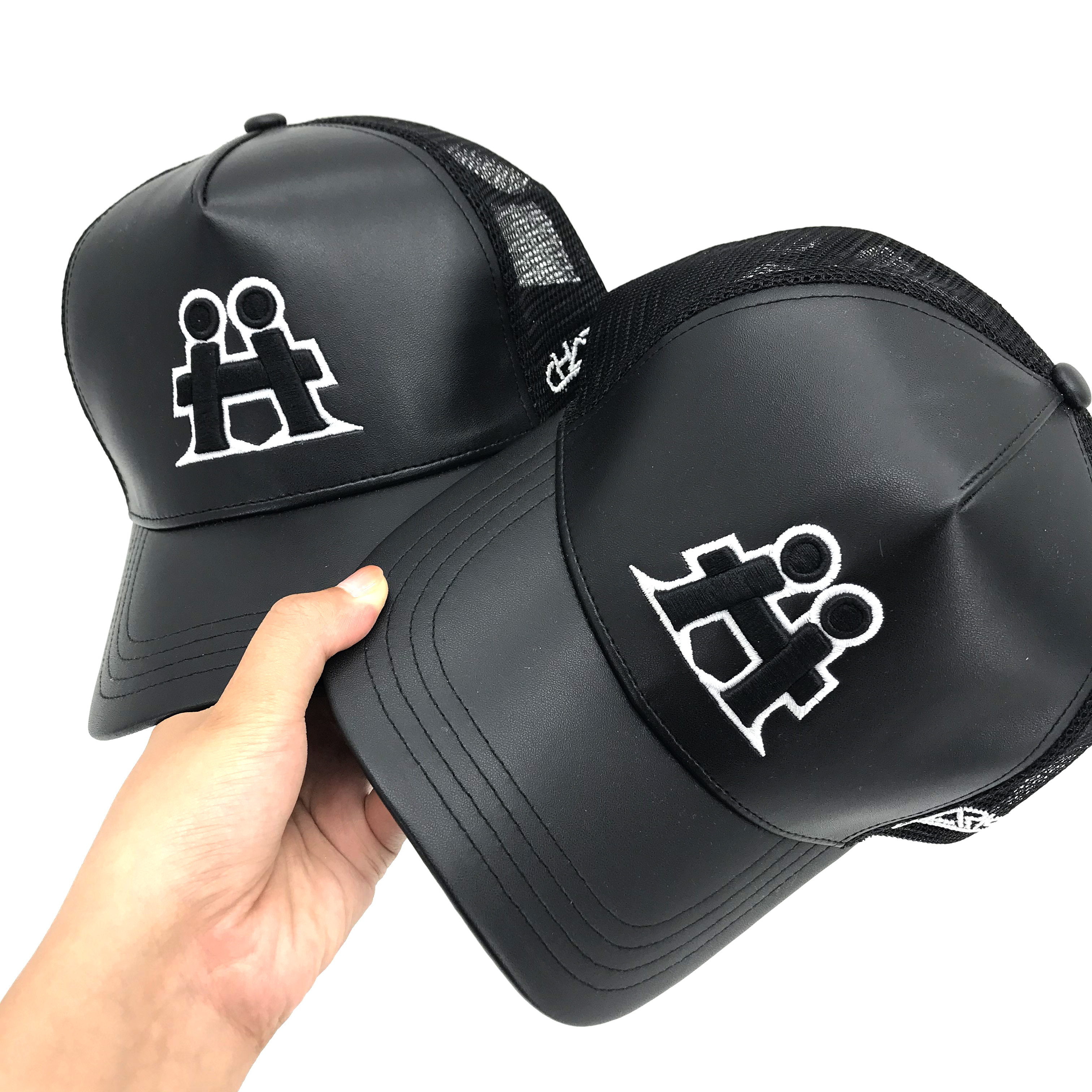 Vendor Custom High Quality 5 Panel 3d Puff Embroidery Logo Snap Back Truck Cap,PU Leather Mesh Trucker Hat