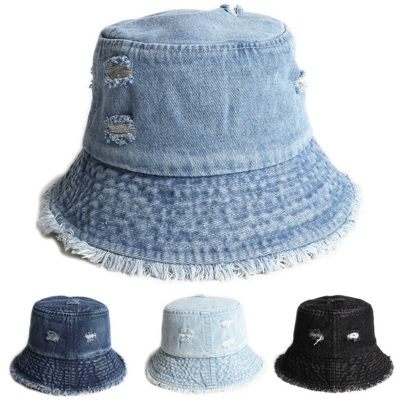 Distressed Vintage Wide Brim Jean Denim Fisherman Bucket Hats Frayed Ripped Vintage Fisherman Cap