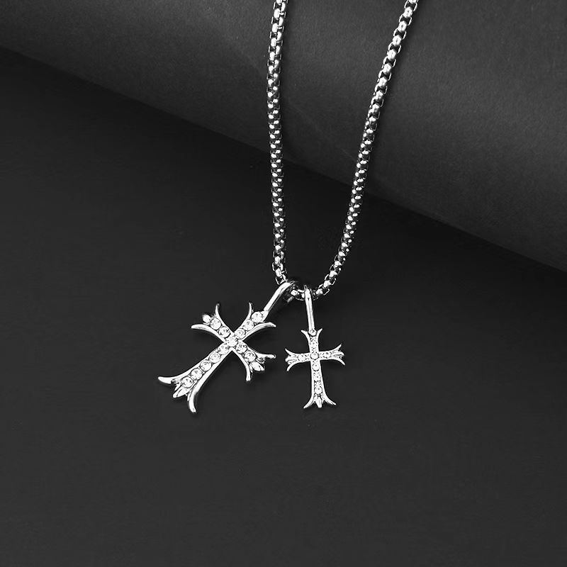 Hip Hop Retro Cross Pendant Necklace Fine Jewelry Stainless Steel  Diamond Double Cross Necklace