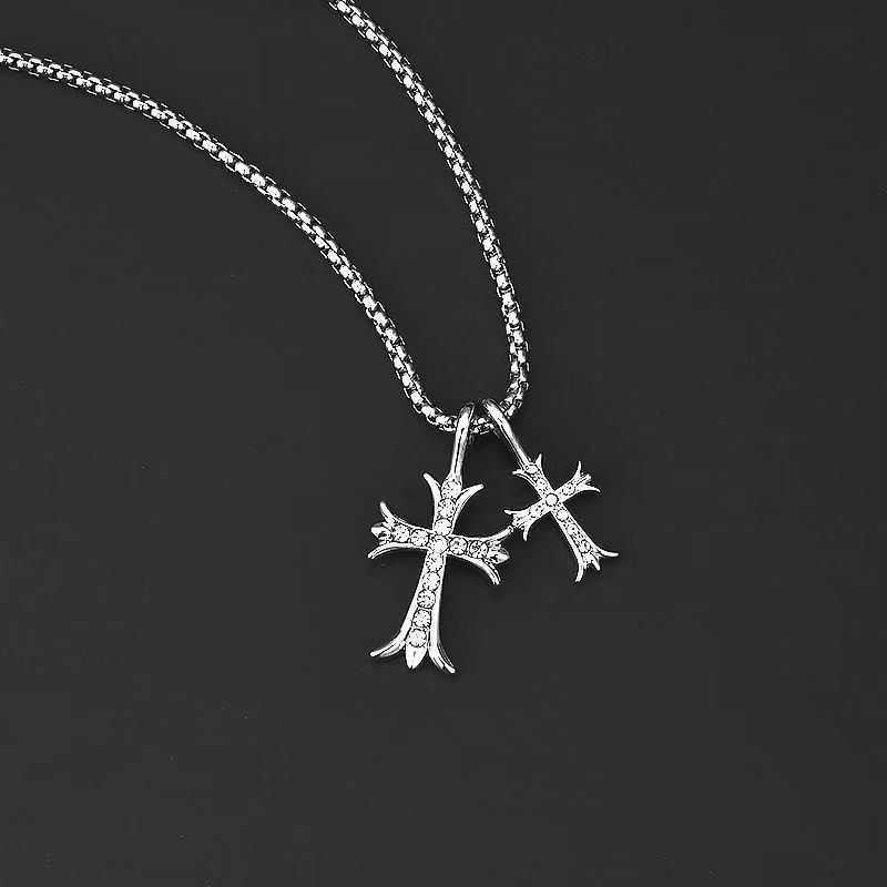 Hip Hop Retro Cross Pendant Necklace Fine Jewelry Stainless Steel  Diamond Double Cross Necklace