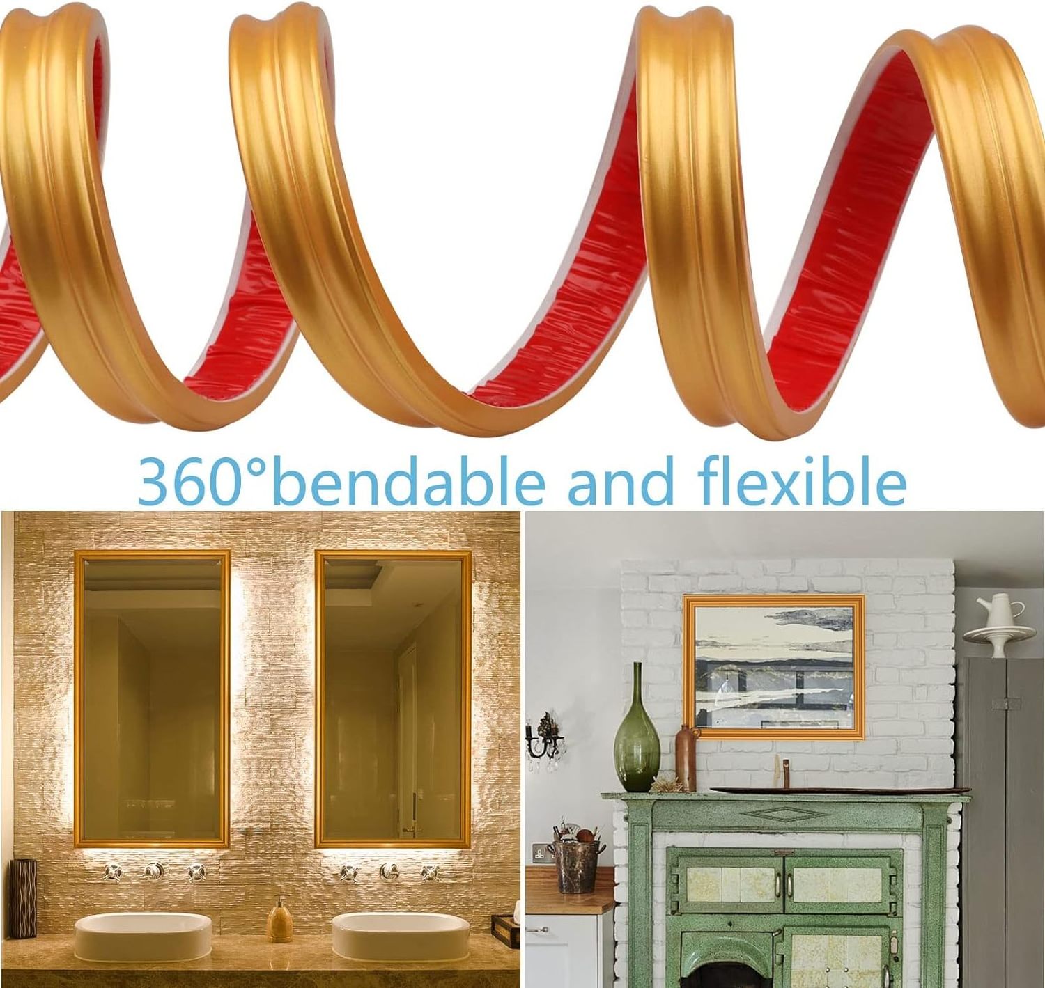 16.4FT Gold Peel and Stick Trim Caulk Strip,Flexible Self Adhesive Moldings & Trims for Mirror/Ceiling/Window and Door Frame