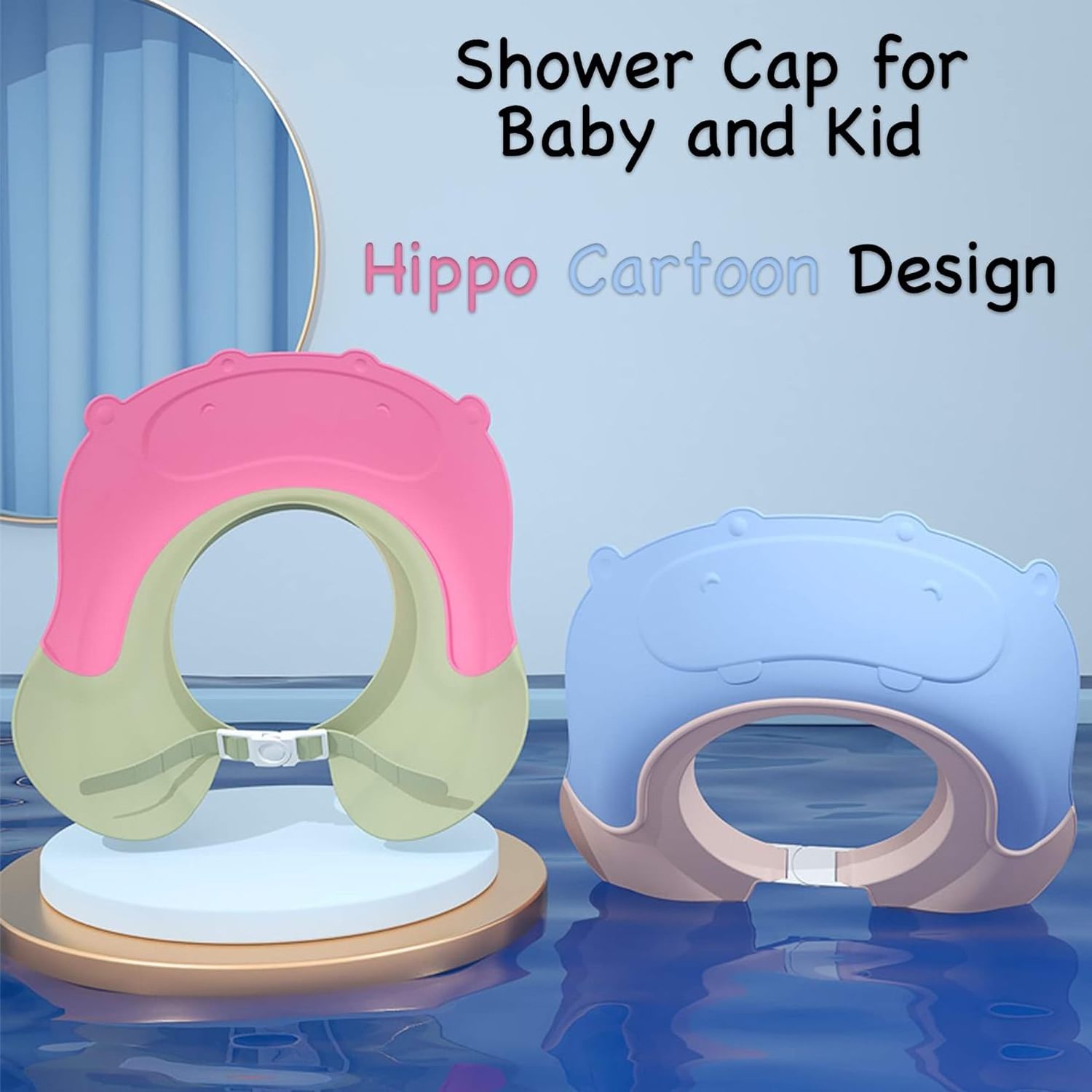 Baby Shower Cap Adjustable Bathing Hat for Infants, Kids, Children Water Protection Cartoon Anti-Slip with Grooved Inner Ring