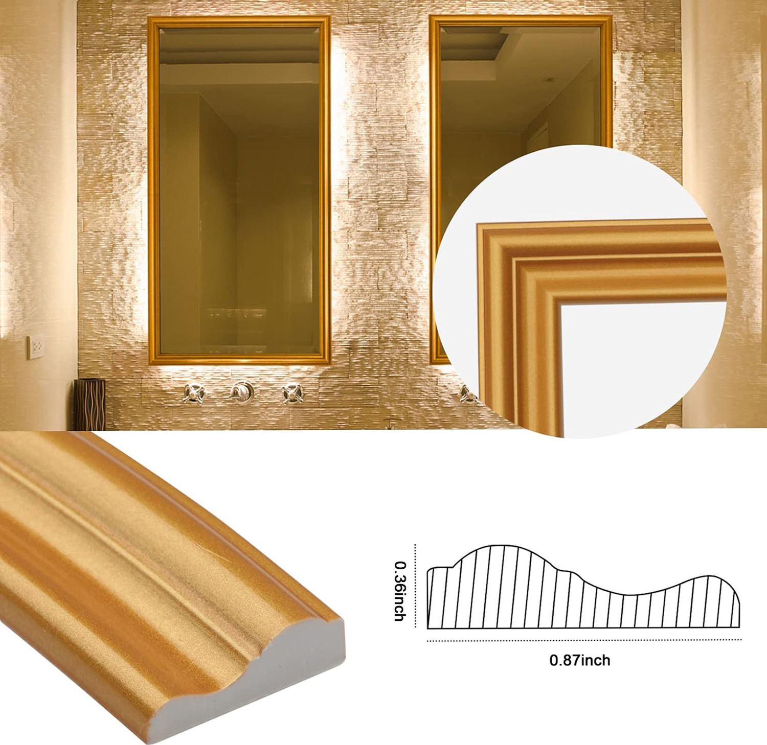 16.4FT Gold Peel and Stick Trim Caulk Strip,Flexible Self Adhesive Moldings & Trims for Mirror/Ceiling/Window and Door Frame