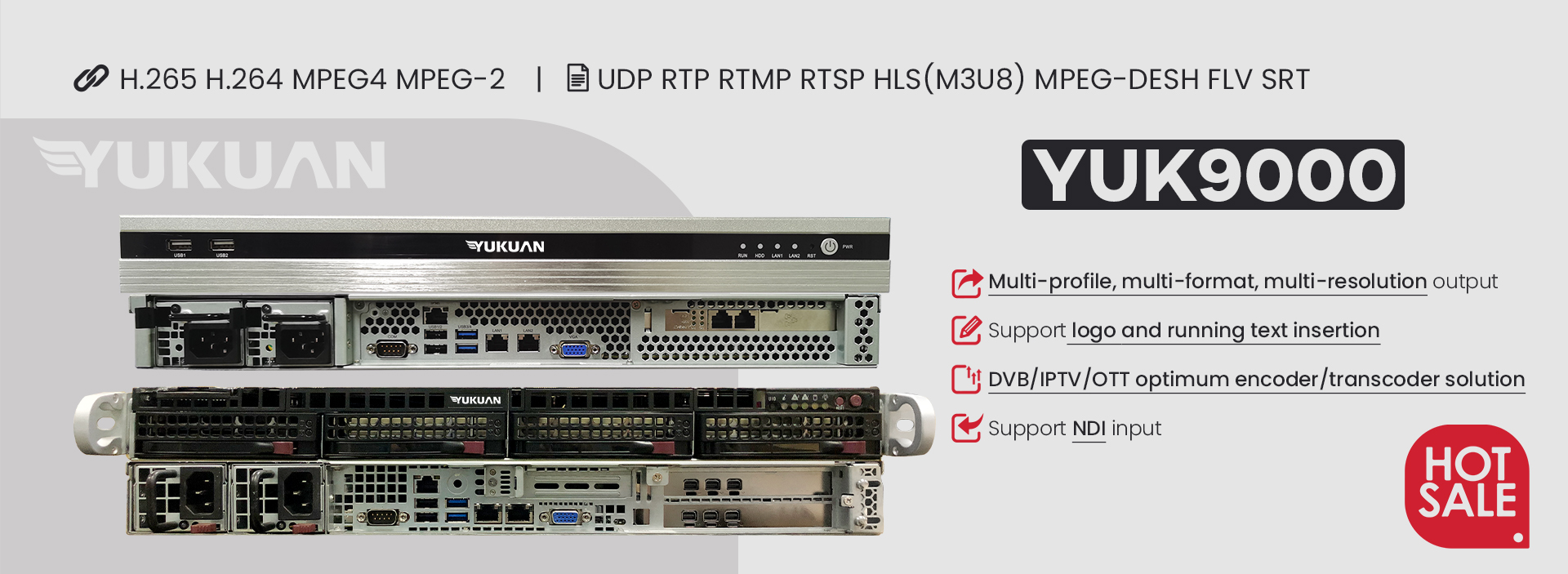 Yukuan YUK9000 High Density RTMP And HLS Transcoder For UDP RTMP IPTV Streaming Media server