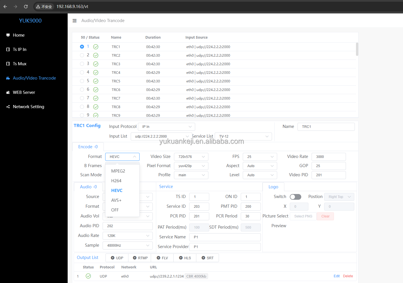 Yukuan YUK9000 High Density RTMP And HLS Transcoder For Internet IPTV And OTT Solution server