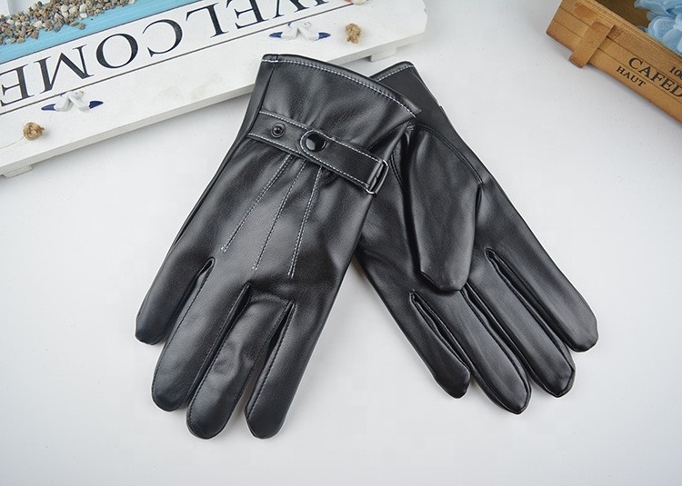 Men's Winter Black Leather Gloves, Touchscreen  Snap Closure Cycling Glove, Outdoor Riding Warm Waterproof Gloves