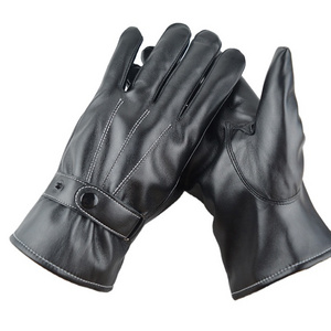 Men's Winter Black Leather Gloves, Touchscreen  Snap Closure Cycling Glove, Outdoor Riding Warm Waterproof Gloves