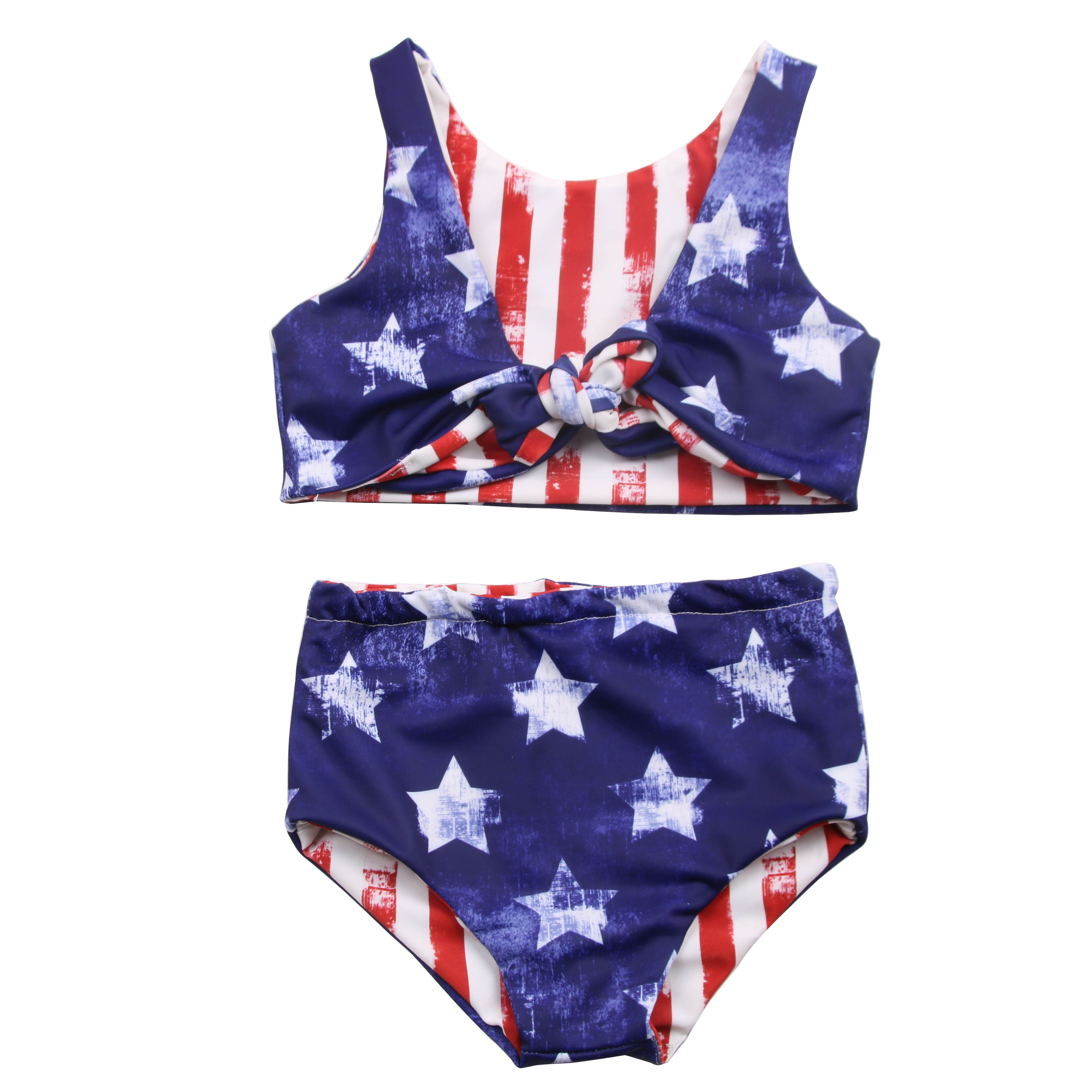 New Arrival 4th Of July Kids Reversible Swimwear Red Striped Blue Star Bathing Suit Girls Bikini 12 Year Old Girl Swimsuit