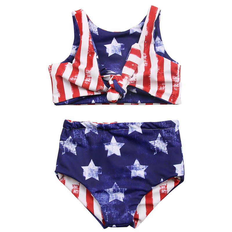 New Arrival 4th Of July Kids Reversible Swimwear Red Striped Blue Star Bathing Suit Girls Bikini 12 Year Old Girl Swimsuit