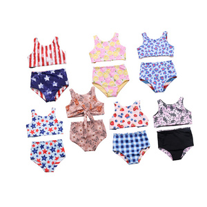 New Arrival 4th Of July Kids Reversible Swimwear Red Striped Blue Star Bathing Suit Girls Bikini 12 Year Old Girl Swimsuit