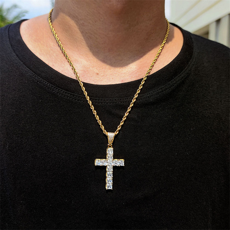 Wholesale gold plated stainless steel square shape diamond iced out tennis chain cross pendant necklace