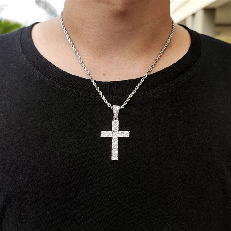 Wholesale gold plated stainless steel square shape diamond iced out tennis chain cross pendant necklace